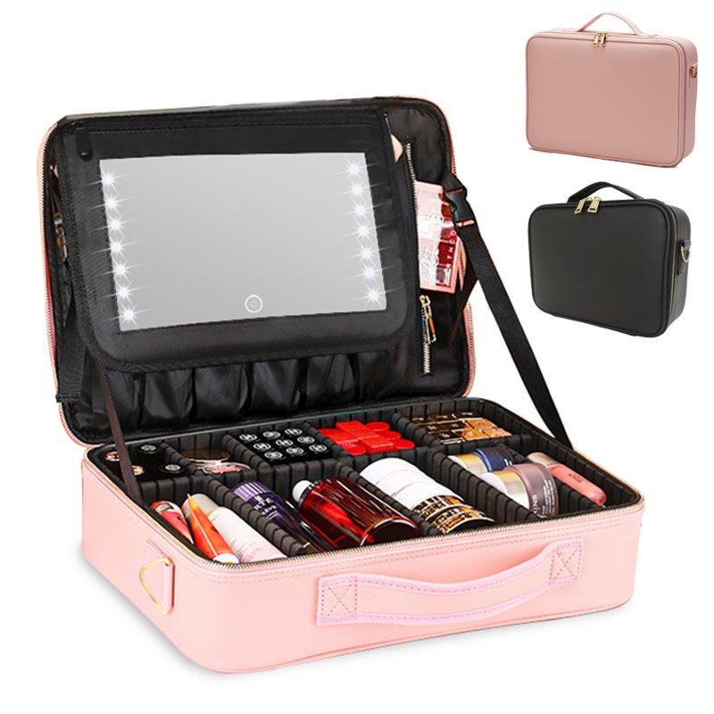 Makeup Tools |  Portable Makeup Bag with Led Lights Mirror Make Up Case Organizer with Adjustable Dividers Pink 38 X 28 X 11cm Makeup Makeup Tools