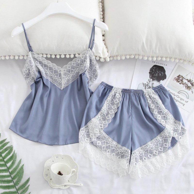 Sexy Lingerie |  2 pcs/set Sleepwear Sexy Satin Lace V-neck Pyjama Suit Sleeveless Camisole Top + Shorts Light blue_2XL Adult Items Light blue + 2XL