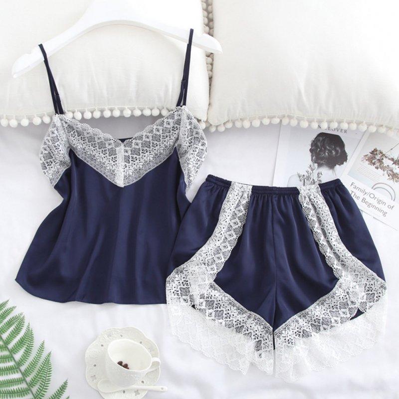 Sexy Lingerie |  2 pcs/set Sleepwear Sexy Satin Lace V-neck Pyjama Suit Sleeveless Camisole Top + Shorts Navy blue_L Adult Items Navy blue + L