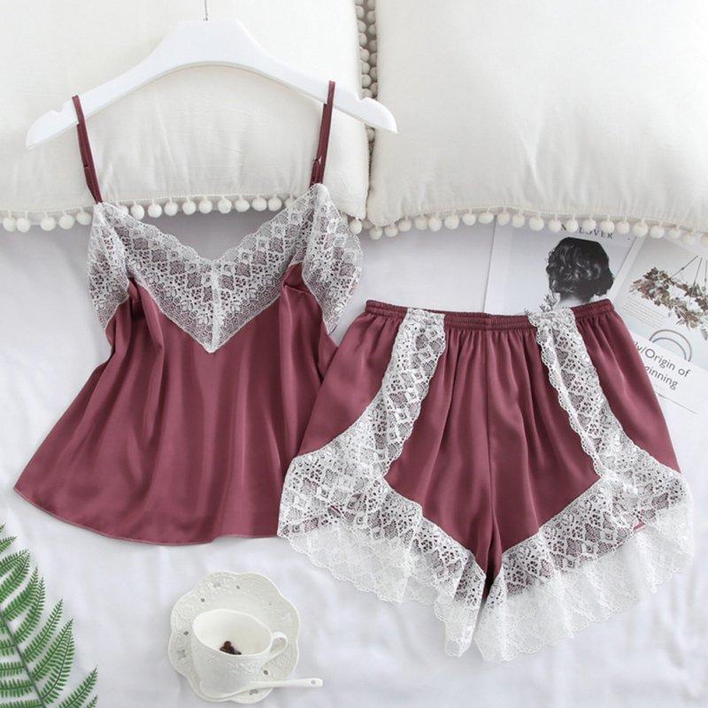 Sexy Lingerie |  2 pcs/set Sleepwear Sexy Satin Lace V-neck Pyjama Suit Sleeveless Camisole Top + Shorts Red bean paste_2XL Adult Items Red bean paste + 2XL