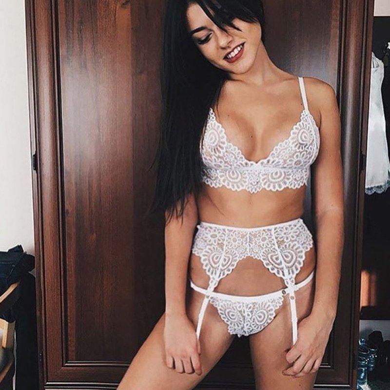 Sexy Lingerie |  3 Pcs/set   Underwear Suit  Sexy  Lace  Erotic  Bra + Underpants + Garters white_L Adult Items Sexy Lingerie