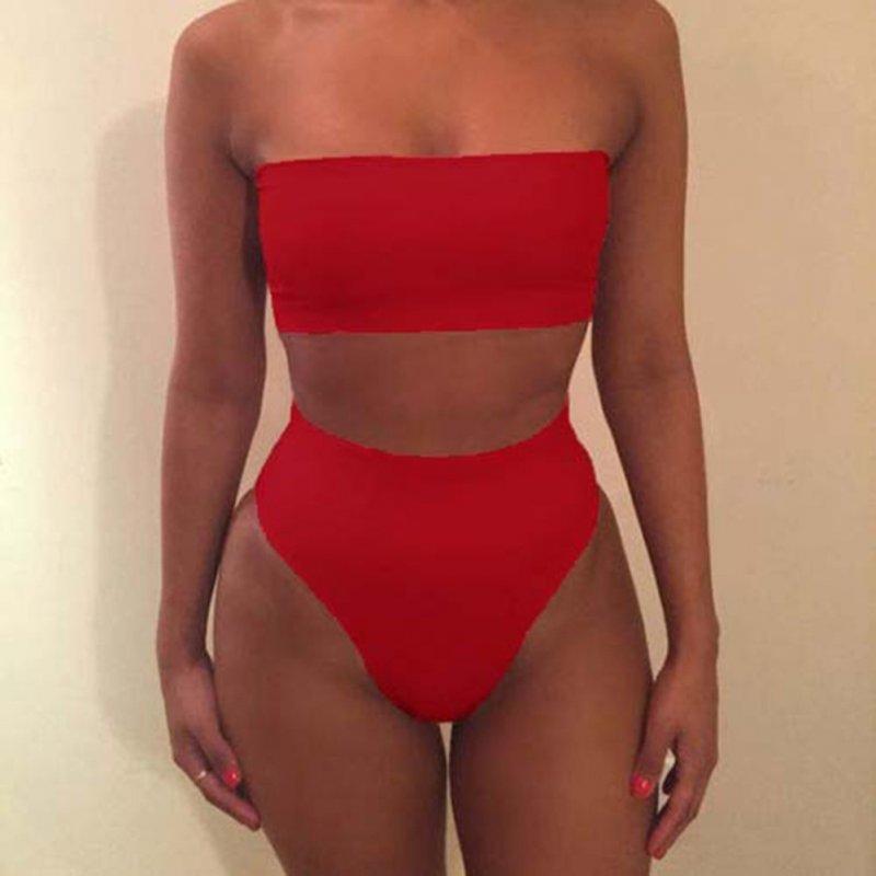 Sexy Lingerie |  Bathing Suit Boob Tube Top + Underwear Sexy High-waisted Split Bikini Sexy Underwear red_M Adult Items Red + M