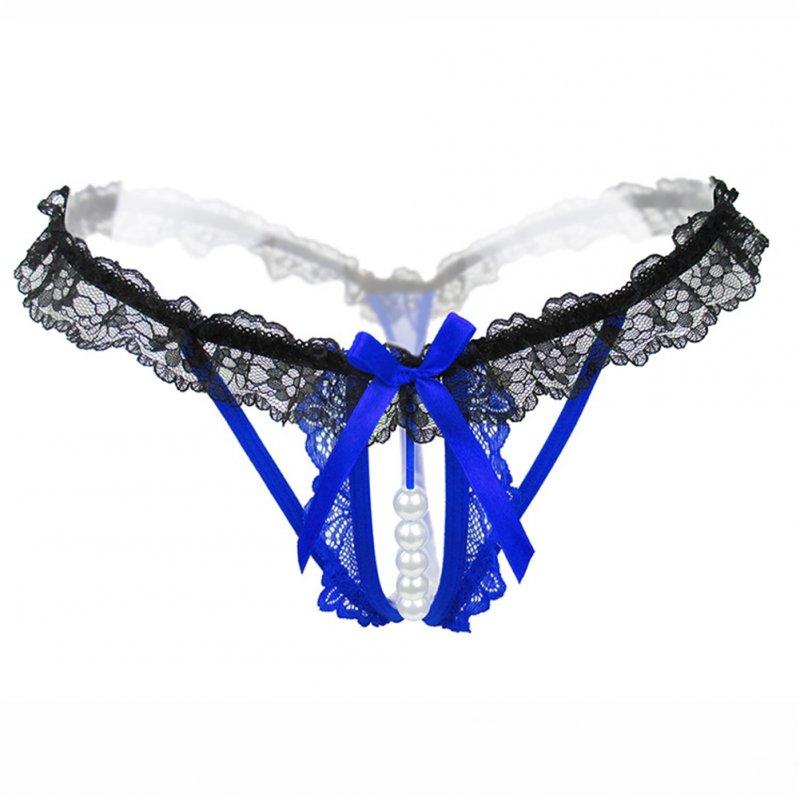 Sexy Lingerie |   Thong Lace  Hollow  Sexy Open Crotch Transparent  Stretch T-pants With  Pearl Massager blue Adult Items Blue