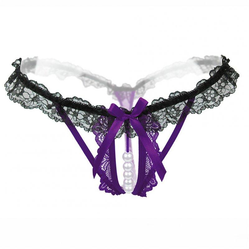 Sexy Lingerie |   Thong Lace  Hollow  Sexy Open Crotch Transparent  Stretch T-pants With  Pearl Massager purple Adult Items Purple