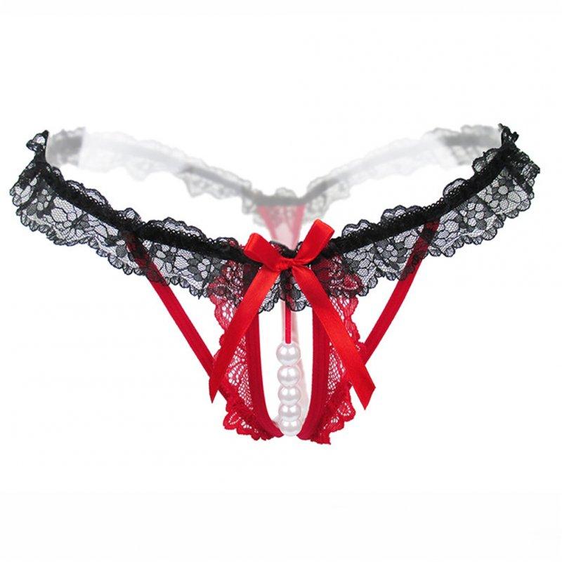 Sexy Lingerie |   Thong Lace  Hollow  Sexy Open Crotch Transparent  Stretch T-pants With  Pearl Massager red Adult Items Red