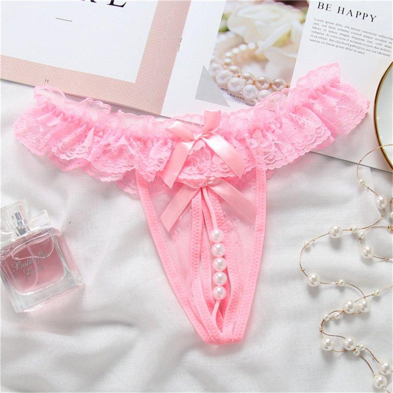 Sexy Lingerie |  Underpants Lace  Pearl Transparent  Low-waist  Sexy  Thong Pink_free size Adult Items Pink + Free size