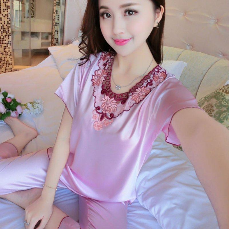 Sexy Lingerie |  Women Pajamas Sets Thin Pants Short Sleeve Tops Sleepwear Suit Pink_2XL Adult Items Pink + 2XL