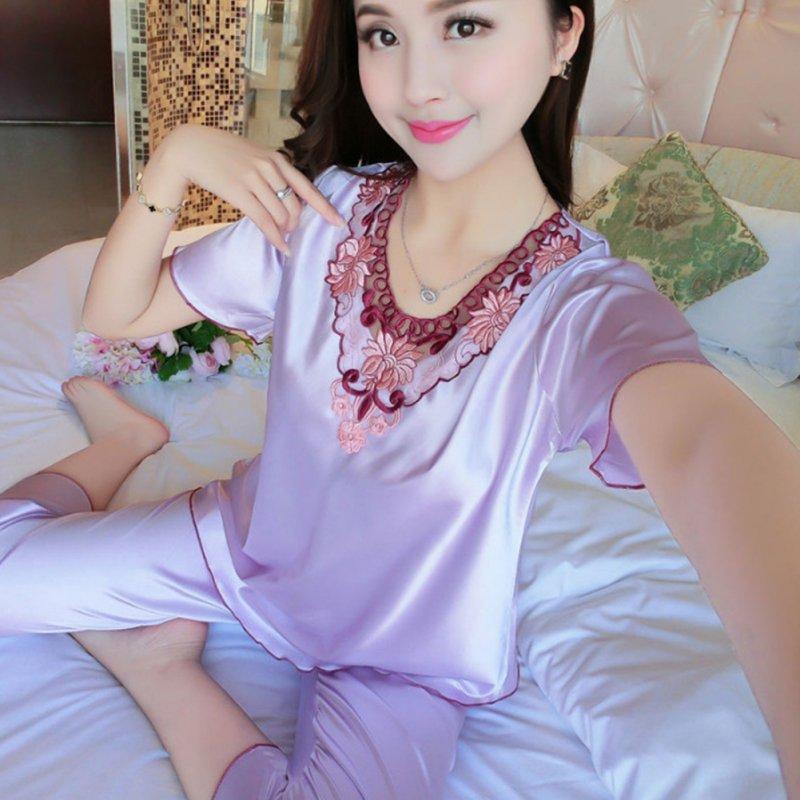 Sexy Lingerie |  Women Pajamas Sets Thin Pants Short Sleeve Tops Sleepwear Suit Violet_L Adult Items Sexy Lingerie